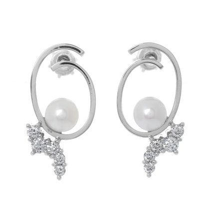 Ručně vyrobený pár náušnic se sladkovodní perlou a přírodními diamanty z bílého zlata