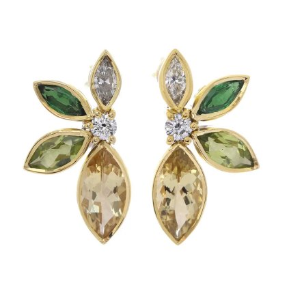 Ručně vyrobené náušnice ze žlutého zlata s přírodními drahými kameny