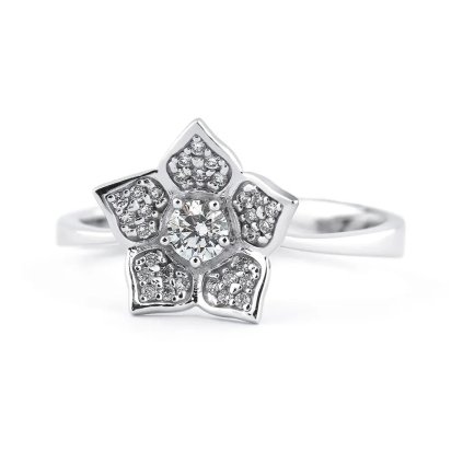 Prsten z bílého zlata ve tvaru květu s přírodními diamanty, vel.55