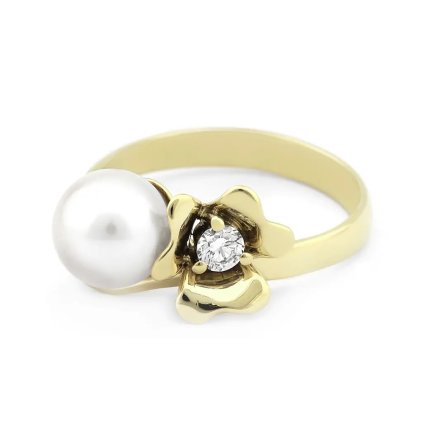 Ručně vyrobený prsten ze žlutého zlata s diamantem a perlou, vel. 53