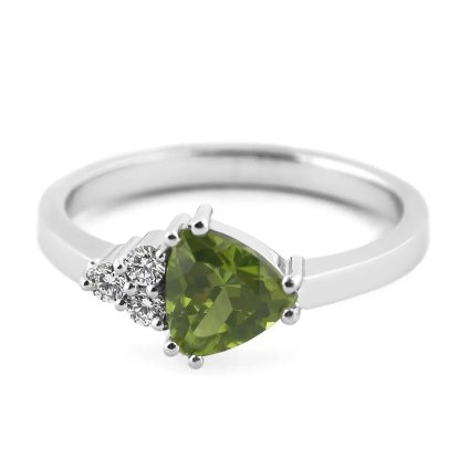 Ručně vyrobený prsten z bílého zlata s přírodním peridotem a diamanty, vel. 56