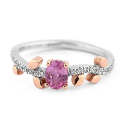 Prsten z bílého zlata s růžovým safírem a diamanty, vel. 55