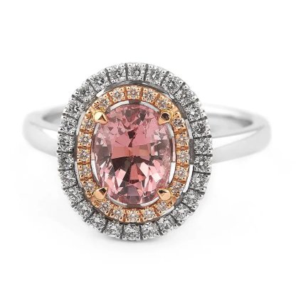 Romantický prsten s růžovým spinelem a dvojitým diamantovým orámováním v kombinaci bílo růžového zlata, vel. 56