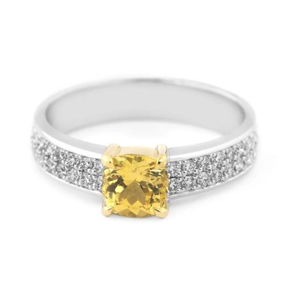 Prsten se žlutým safírem a diamanty z bílého zlata, vel. 54,5