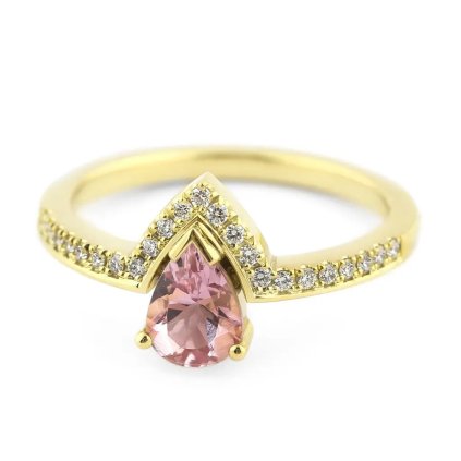 Prsten ve tvaru špičky s diamanty a morganitem ze žlutého zlata, vel. 55