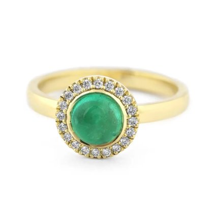 Ručně vyrobený prsten ze žlutého zlata s přírodním smaragdem a diamanty, vel. 55