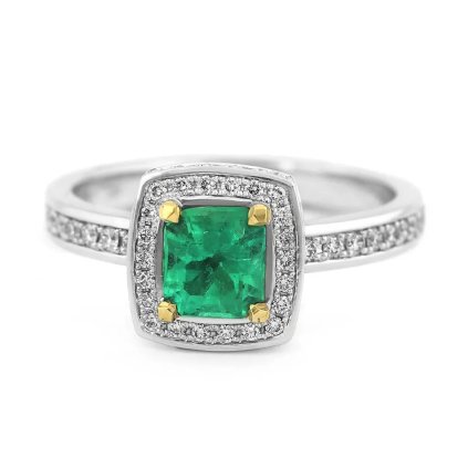 Prsten s přírodním smaragdem a diamanty z bílého a žlutého zlata, vel. 54