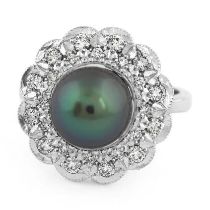 Prsten s diamanty a mořskou perlou Tahiti z bílého zlata, vel. 55