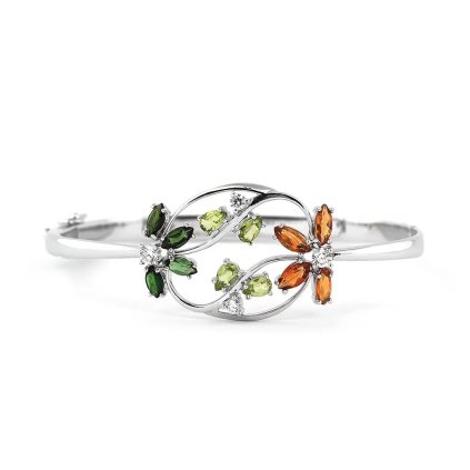 Pevný náramek s diamanty a drahými kameny z bílého zlata