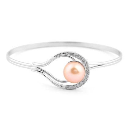 Pevný náramek se sladkovodní perlou a diamanty z bílého zlata