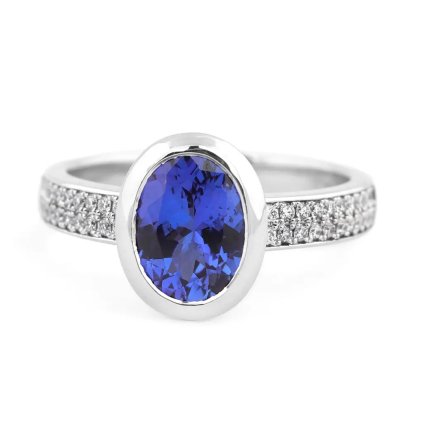 Elegantní prsten s tanzanitem a diamanty v bílém zlatě, vel. 55