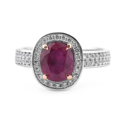 Unikátní prsten s červeným rubínem a diamanty z bílého a růžového zlata, vel. 56