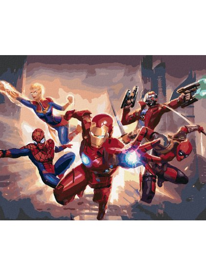 Diamantové malování - IRON MAN, SPIDERMAN, CAPTAIN MARVEL, DEADPOOL A STAR-LORD MÍŘÍ DO BOJE