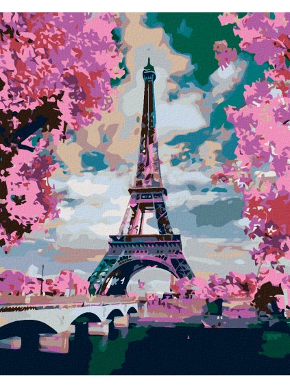 Diamantové maľovanie - EIFFELOVA VEŽA A RUŽOVÉ STROMY (Rámovanie bez rámu a bez vypnutia plátna, Rozmer 40x50 cm)