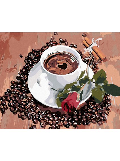 Diamantové maľovanie - ŠÁLOK KÁVY A RUŽA (Rámovanie bez rámu a bez vypnutia plátna, Rozmer 40x50 cm)
