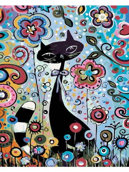 Diamantové maľovanie - MAČKA V KVETINÁCH (Rámovanie bez rámu a bez vypnutia plátna, Rozmer 40x50 cm)