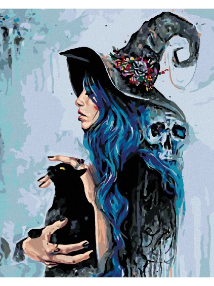 Diamantové maľovanie - ČARODEJNICA S ČIERNOU MAČKOU (Rámovanie bez rámu a bez vypnutia plátna, Rozmer 40x50 cm)