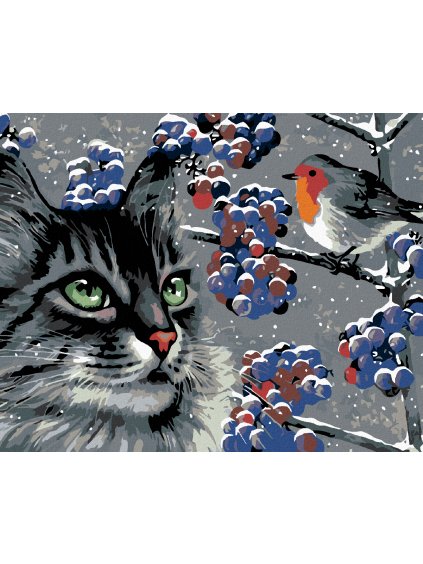 Diamantové maľovanie - STRIEHNUCI ŠEDÝ KOCÚR A VTÁČIK (Rámovanie bez rámu a bez vypnutia plátna, Rozmer 40x50 cm)