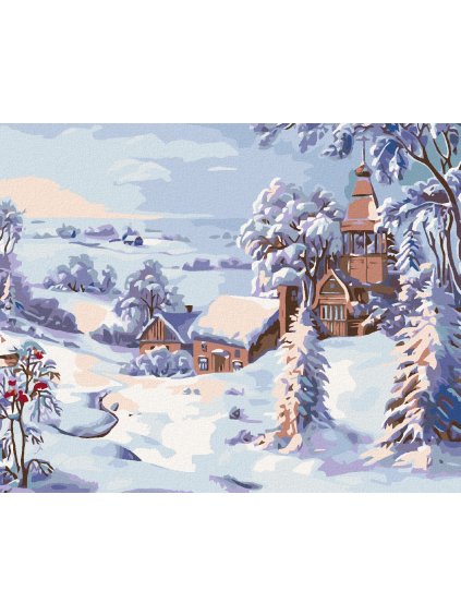 Diamantové maľovanie - ZASNEŽENÝ KOSTOLNÍK (Rámovanie bez rámu a bez vypnutia plátna, Rozmer 40x50 cm)