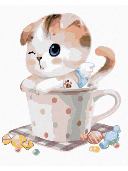 Diamantové maľovanie - MAČIATKO V HRNČEKU (Rámovanie bez rámu a bez vypnutia plátna, Rozmer 40x50 cm)