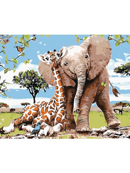 Diamantové maľovanie - ŽIRAFA A SLONÍK (Rámovanie bez rámu a bez vypnutia plátna, Rozmer 40x50 cm)