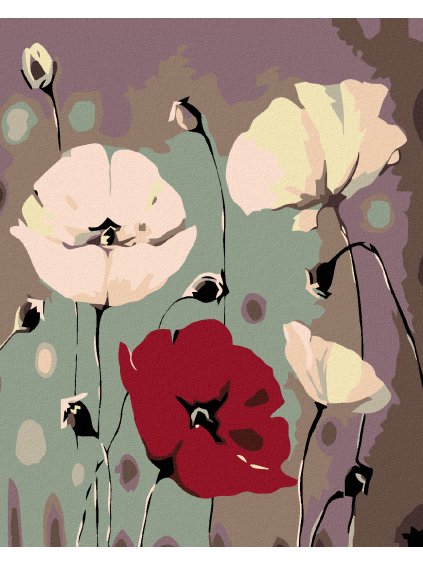 Diamantové maľovanie - BIELE VLČIE MAKY S JEDNÝM ČERVENÝM (Rámovanie bez rámu a bez vypnutia plátna, Rozmer 40x50 cm)