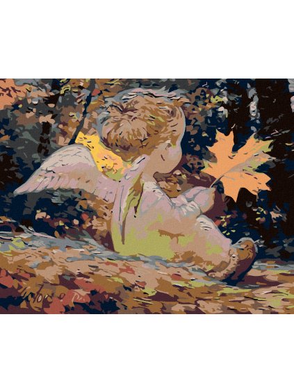 Diamantové maľovanie - ANJELIK S JAVOROVÝM LISTOM (Rámovanie bez rámu a bez vypnutia plátna, Rozmer 40x50 cm)