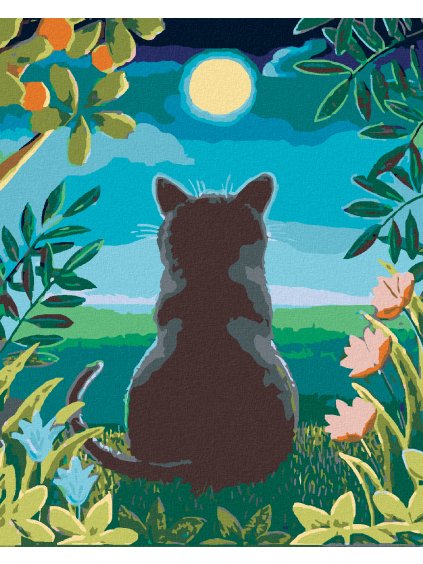 Diamantové maľovanie - MAČKA A MESIAC (Rámovanie bez rámu a bez vypnutia plátna, Rozmer 40x50 cm)