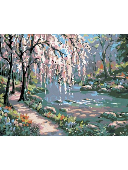 Diamantové maľovanie - RUŽOVÝ STROM NAD RIEKOU (Rámovanie bez rámu a bez vypnutia plátna, Rozmer 40x50 cm)