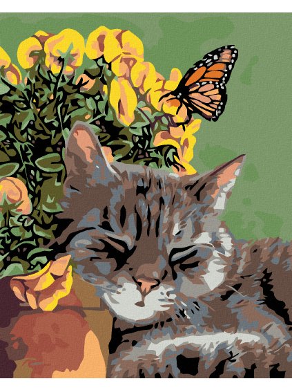 Diamantové maľovanie - ODPOČÍVAJUCI KOCÚR A MOTÝĽ V KVETOCH (Rámovanie bez rámu a bez vypnutia plátna, Rozmer 40x50 cm)