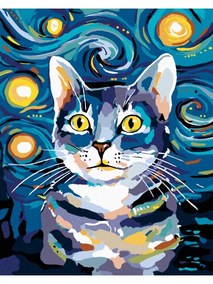 Diamantové maľovanie - KOCÚRIK POD NOČNOU OBLOHOU (Rámovanie bez rámu a bez vypnutia plátna, Rozmer 40x50 cm)