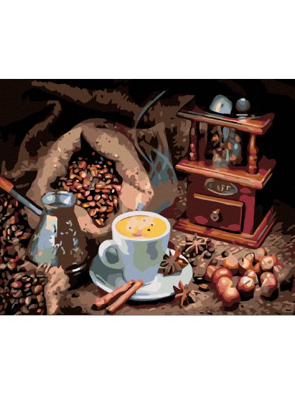 Diamantové maľovanie - ŠÁLOK KÁVY A KÁVOVÉ ZRNIEČKA (Rámovanie bez rámu a bez vypnutia plátna, Rozmer 40x50 cm)