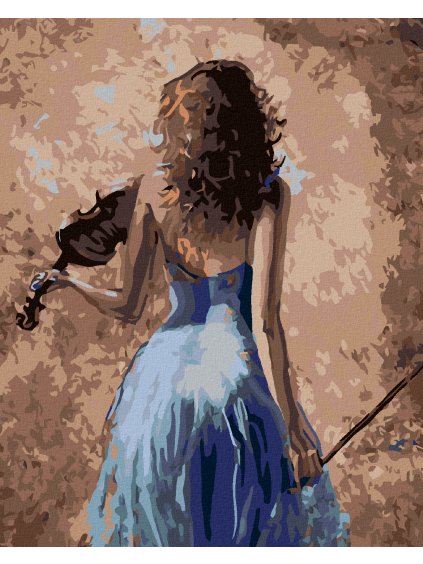 Diamantové maľovanie - HUSLISTKA V MODRÝCH ŠATÁCH (Rámovanie bez rámu a bez vypnutia plátna, Rozmer 40x50 cm)