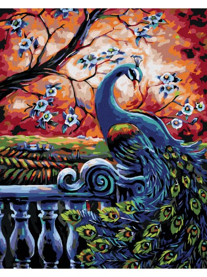 Diamantové maľovanie - PÁV POD ROZKVITNUTÝM STROMOM (Rámovanie bez rámu a bez vypnutia plátna, Rozmer 40x50 cm)