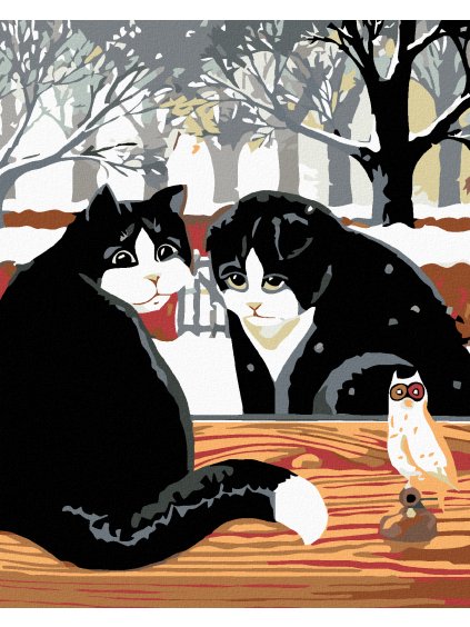 Diamantové maľovanie - ČIERNOBIELE MAČKY NA PLOTE (Rámovanie bez rámu a bez vypnutia plátna, Rozmer 40x50 cm)