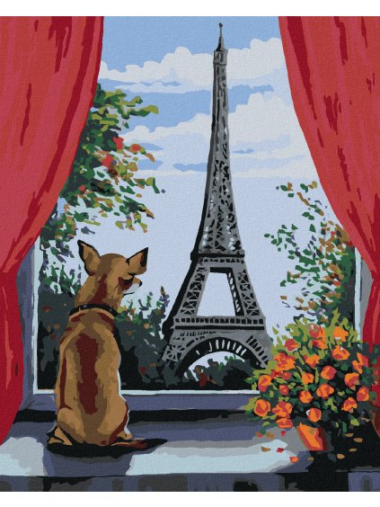 Diamantové maľovanie - PSÍK V OKNE A VÝHĽADOM NA EIFFELOVKU (Rámovanie bez rámu a bez vypnutia plátna, Rozmer 40x50 cm)
