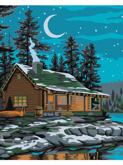 Diamantové maľovanie - CHATA POD NOČNOU OBLOHOU (Rámovanie bez rámu a bez vypnutia plátna, Rozmer 40x50 cm)