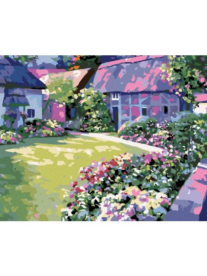 Diamantové maľovanie - KVETY V ZÁHRADE PRI DOME (Rámovanie bez rámu a bez vypnutia plátna, Rozmer 40x50 cm)