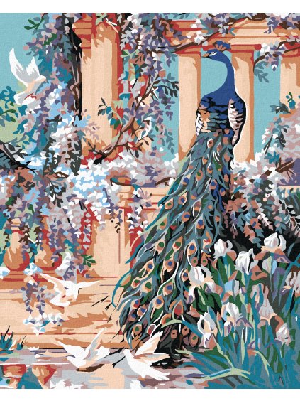 Diamantové maľovanie - PÁV V ROZKVITNUTEJ ZÁHRADE (Rámovanie bez rámu a bez vypnutia plátna, Rozmer 40x50 cm)