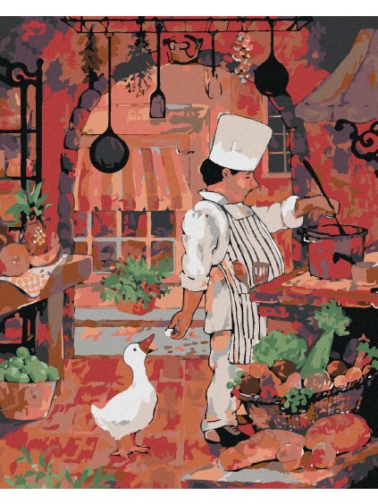 Diamantové maľovanie - KUCHÁR KRMIACI HUS (Rámovanie bez rámu a bez vypnutia plátna, Rozmer 40x50 cm)