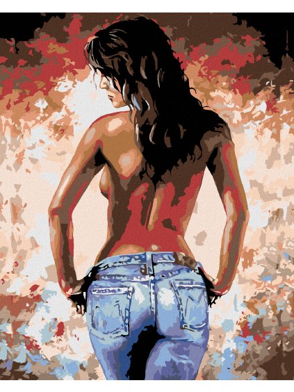 Diamantové maľovanie - POLONAHÁ ŽENA S DŽÍNSAMI (Rámovanie bez rámu a bez vypnutia plátna, Rozmer 40x50 cm)