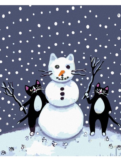 Diamantové maľovanie - ČIERNI KOCÚRIKOVIA A SNEHULIAK (Rámovanie bez rámu a bez vypnutia plátna, Rozmer 40x50 cm)