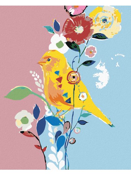 Diamantové maľovanie - ŽLTÝ VTÁČIK S KVETMI (Rámovanie bez rámu a bez vypnutia plátna, Rozmer 40x50 cm)