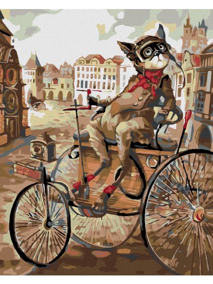 Diamantové maľovanie - KOCÚR NA TROJKOLKE (Rámovanie bez rámu a bez vypnutia plátna, Rozmer 40x50 cm)