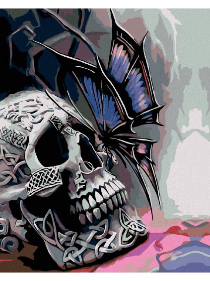 Diamantové maľovanie - LEBKA A MOTÝĽ (Rámovanie bez rámu a bez vypnutia plátna, Rozmer 40x50 cm)