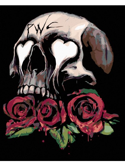Diamantové maľovanie - LEBKA A TRI RUDÉ RUŽE (Rámovanie bez rámu a bez vypnutia plátna, Rozmer 40x50 cm)