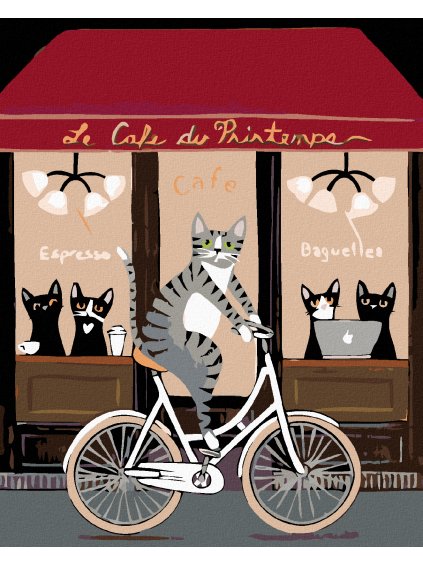 Diamantové maľovanie - KOCÚR NA BICYKLI PRED KAVIARŇOU (Rámovanie bez rámu a bez vypnutia plátna, Rozmer 40x50 cm)