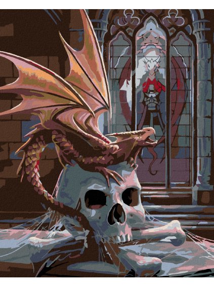 Diamantové maľovanie - LEBKA A MALÝ DRÁČIK (Rámovanie bez rámu a bez vypnutia plátna, Rozmer 40x50 cm)