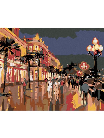 Diamantové maľovanie - VEČERNÁ PRECHÁDZKA MESTOM POD PALMAMI (Rámovanie bez rámu a bez vypnutia plátna, Rozmer 40x50 cm)