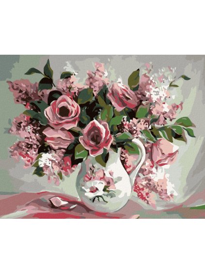 Diamantové maľovanie - RUŽE A ORGOVÁNY VO VÁZE (Rámovanie bez rámu a bez vypnutia plátna, Rozmer 40x50 cm)